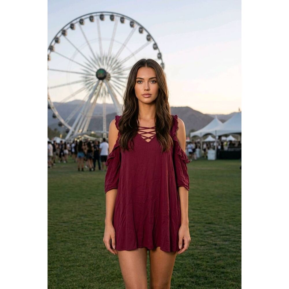 💜Arizona Maroon Cold Shoulder & Slip Liner Crinkle Dress Medium